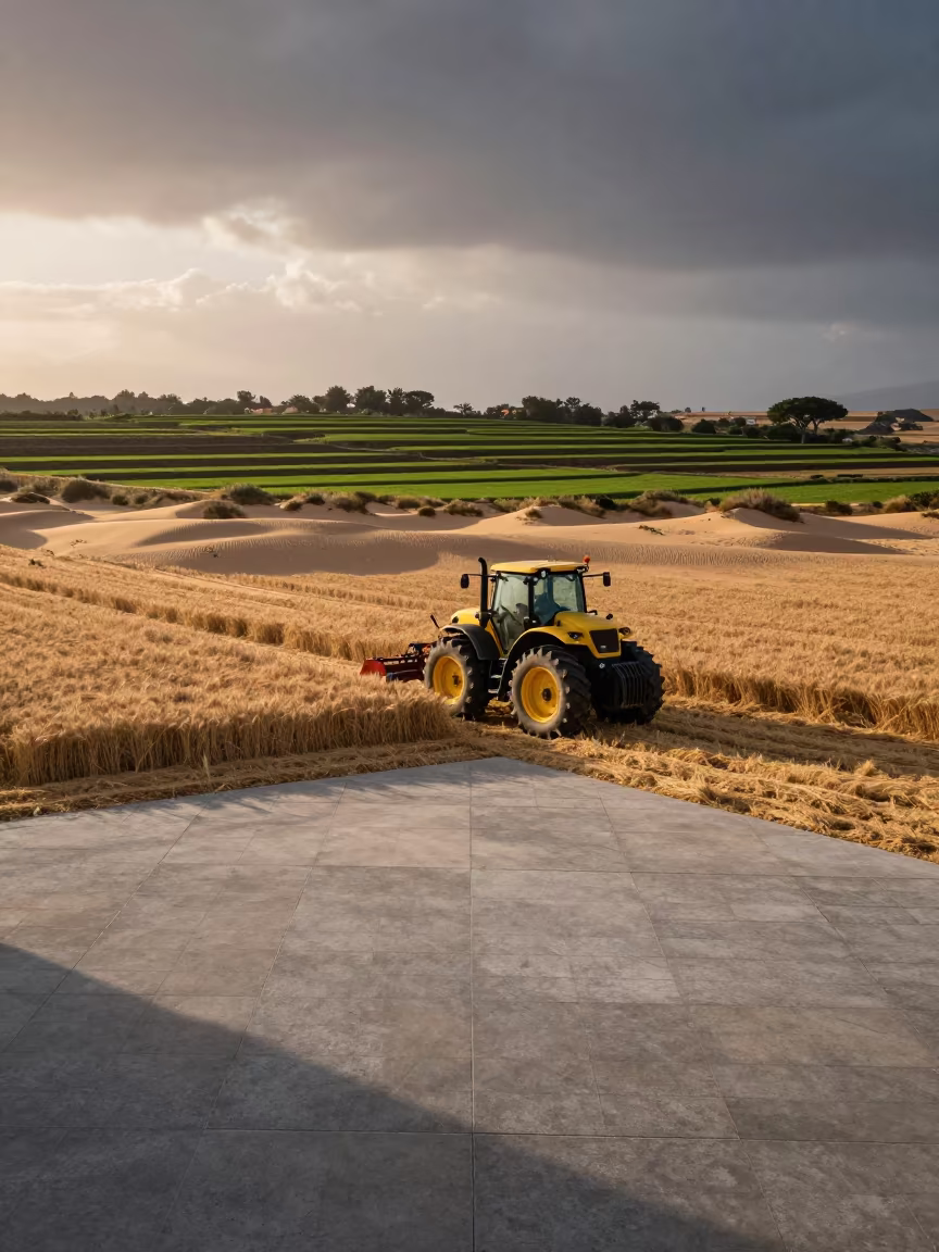 Tractor Harvesting Wheat in Terraced Paddies in among terraced rice paddies in the Balearic Islands
