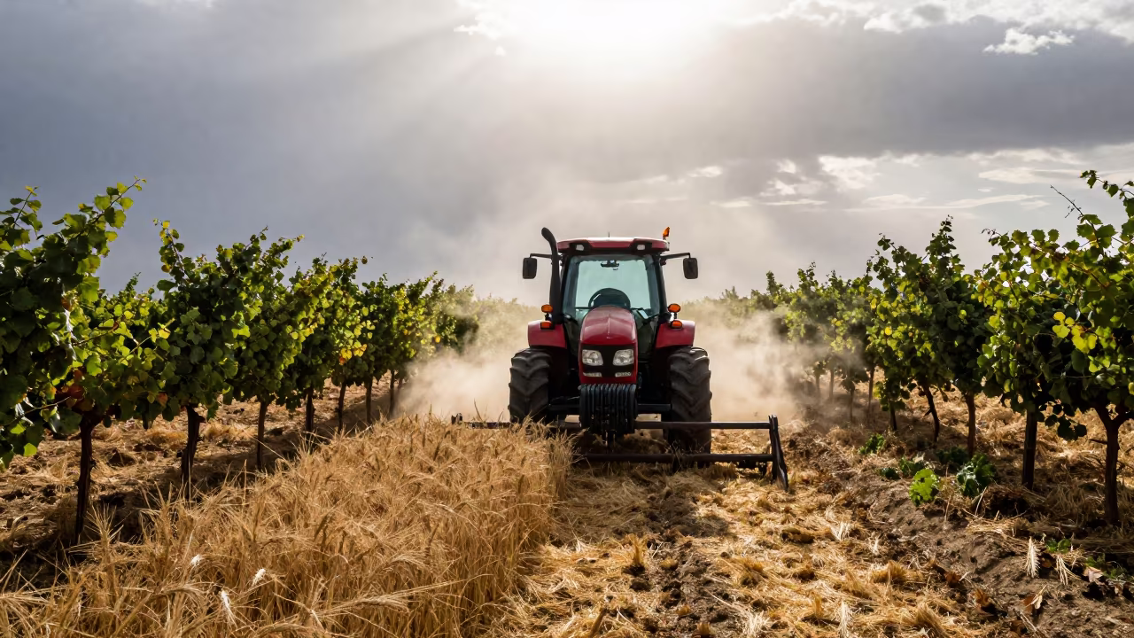 Tractor Harvesting Wheat Between Vineyards Near Dushanbe in between vineyard trellises near Dushanbe