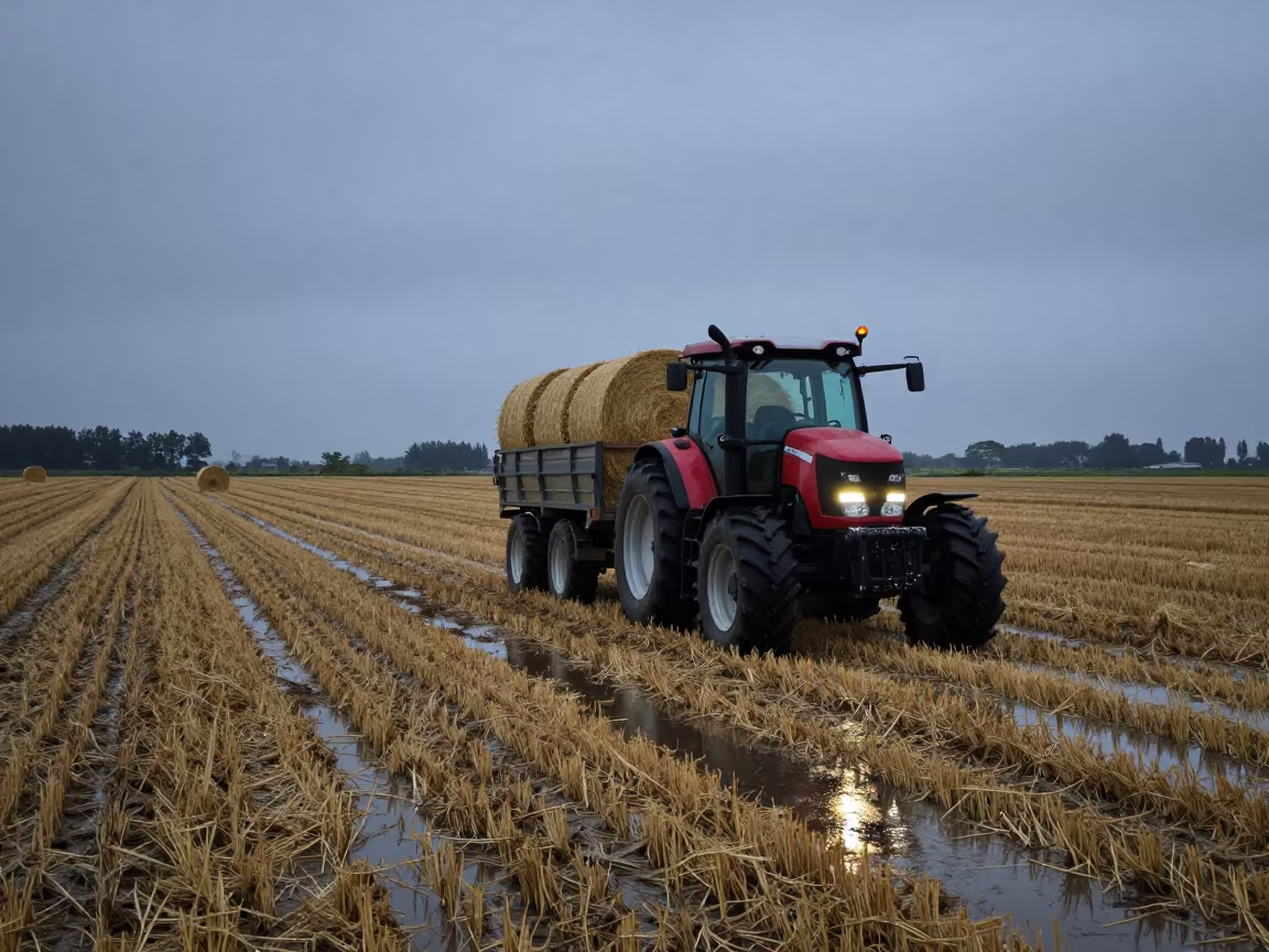 Tractor Hauling Hay Bales Twilight Field in across a harvested grain field near Araure