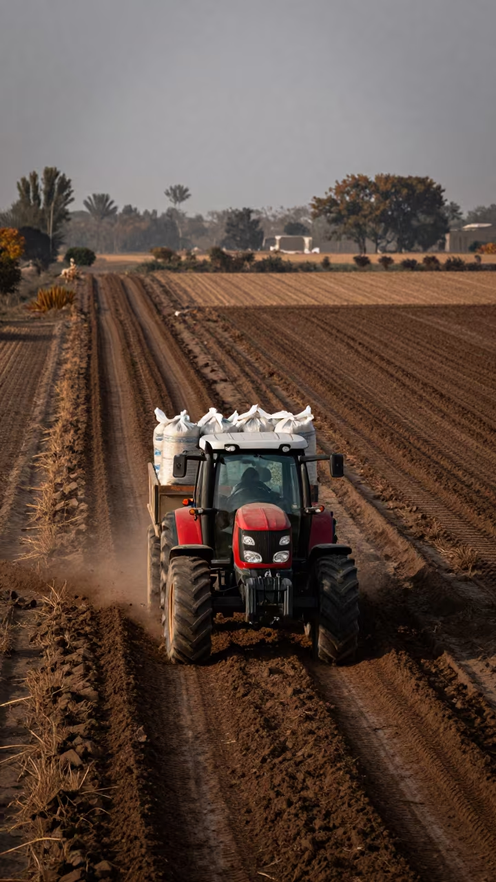 Tractor Hauling Seed Bags Through Autumn Mud in beside a tractor track through dark soil near Zakho