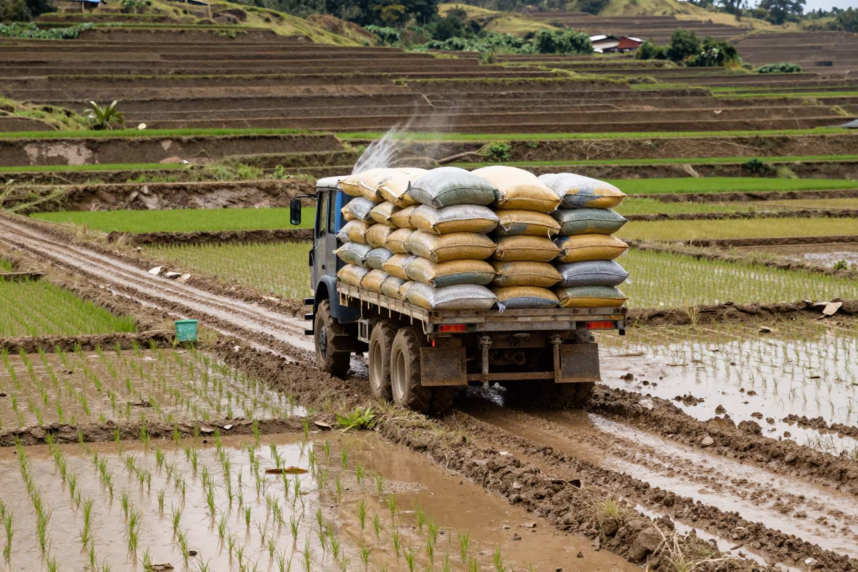 Tractor hauling seed bags through spring mud in among terraced rice paddies in Retalhuleu