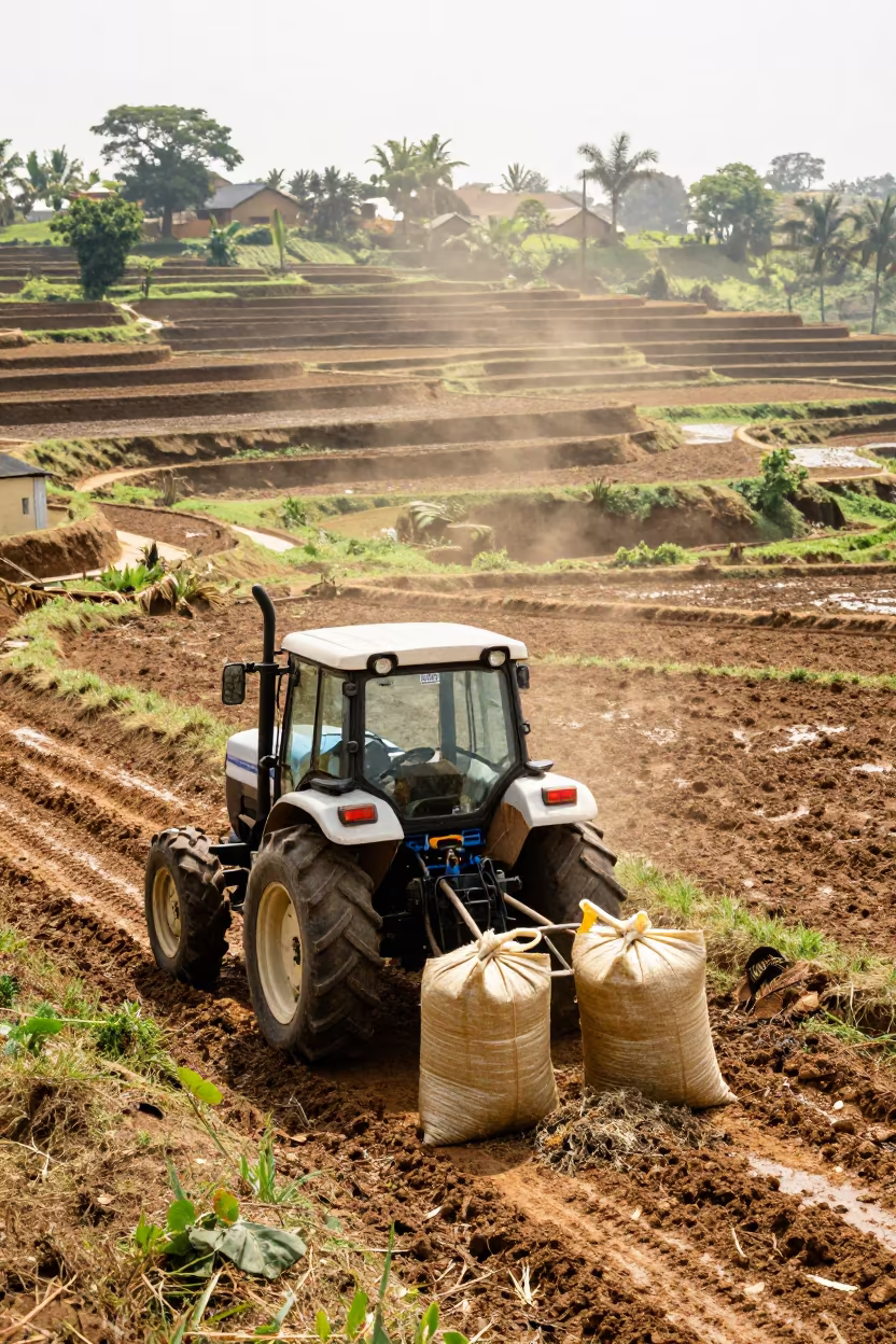 Tractor Hauls Seed Bags Through Spring Mud in among terraced rice paddies near Huambo