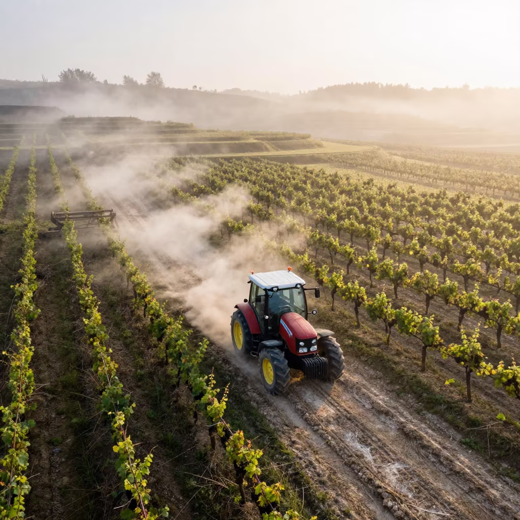 Tractor in Misty Dawn Over Bolhao Terraces in among terraced rice paddies in Bolhao, Porto