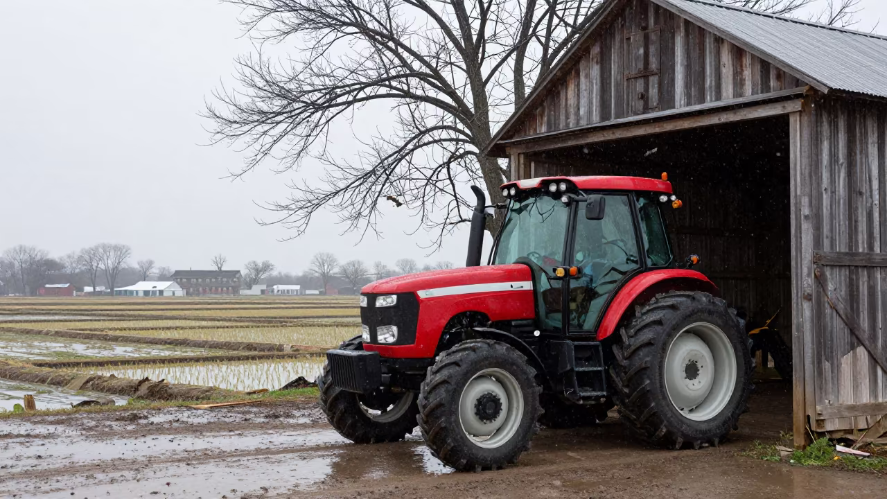 Tractor Nose-First in Barn as Sleet Falls in among terraced rice paddies near Chinatown, Chicago