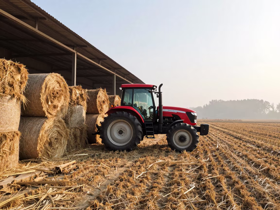 Tractor Parked in Hay Bales Fuzhou Autumn Fog in beside stacked hay bales near Fuzhou