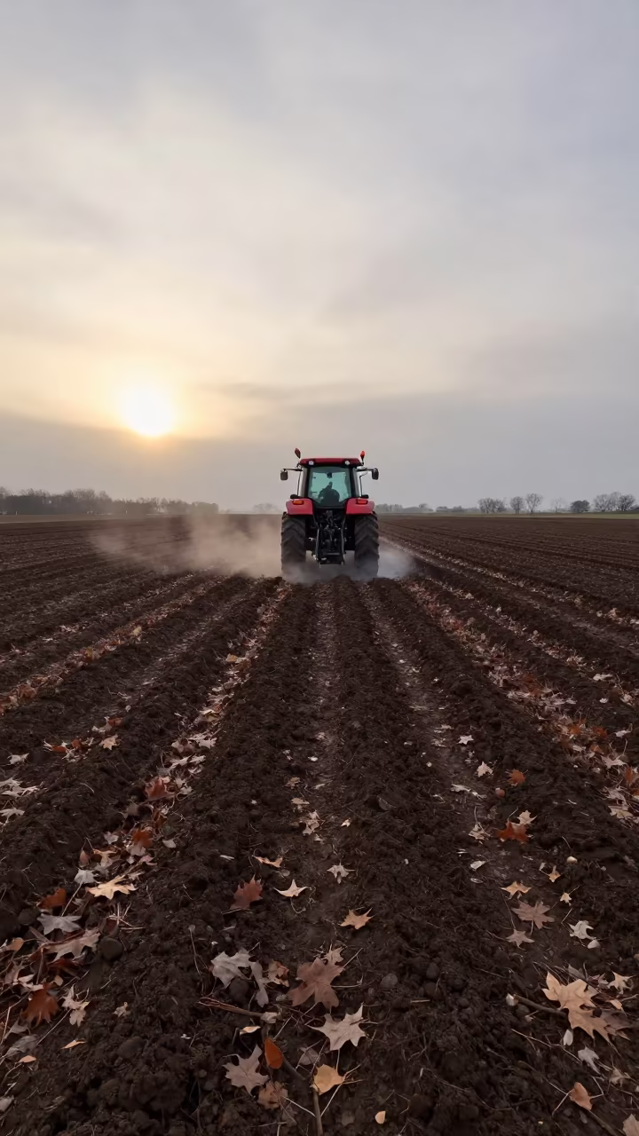 Tractor Plowing Dawn Field Hartford Late Autumn in along freshly irrigated rows in Hartford