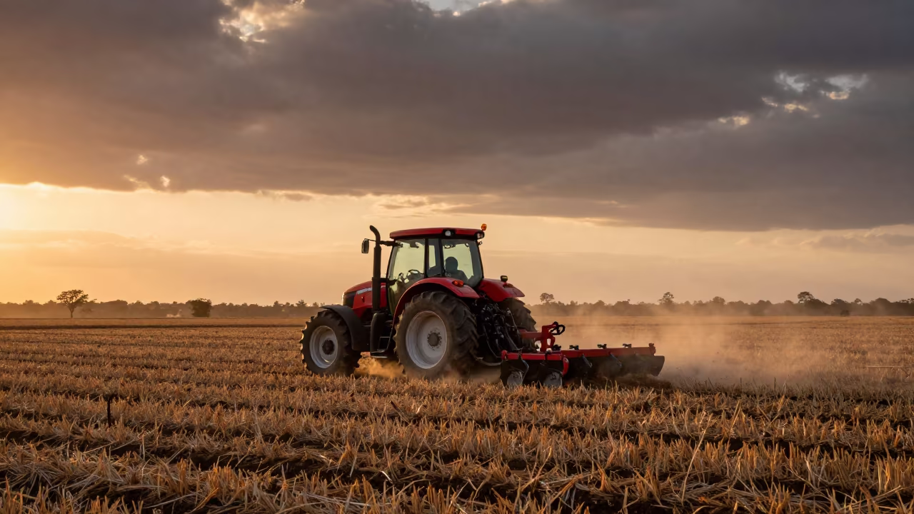 Tractor Plowing Harvested South African Field at Dawn in across a harvested grain field in South Africa