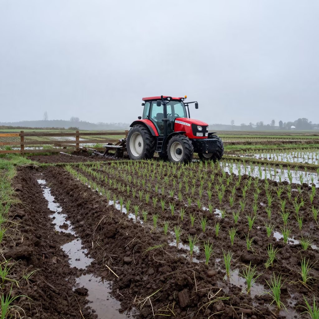 Tractor Plowing Terraced Rice Paddies at Dawn in among terraced rice paddies in Inverness