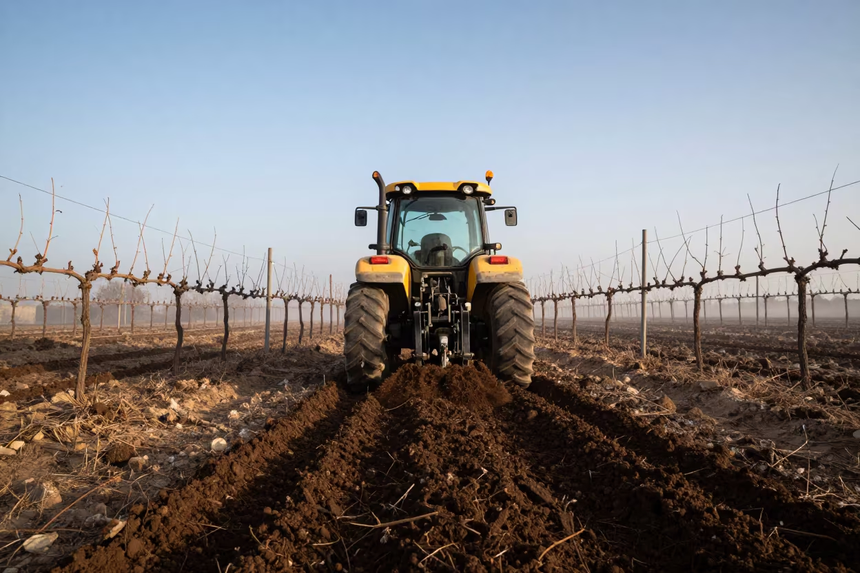 Tractor Plowing Vineyard Rows at Dawn in between vineyard trellises near Amman