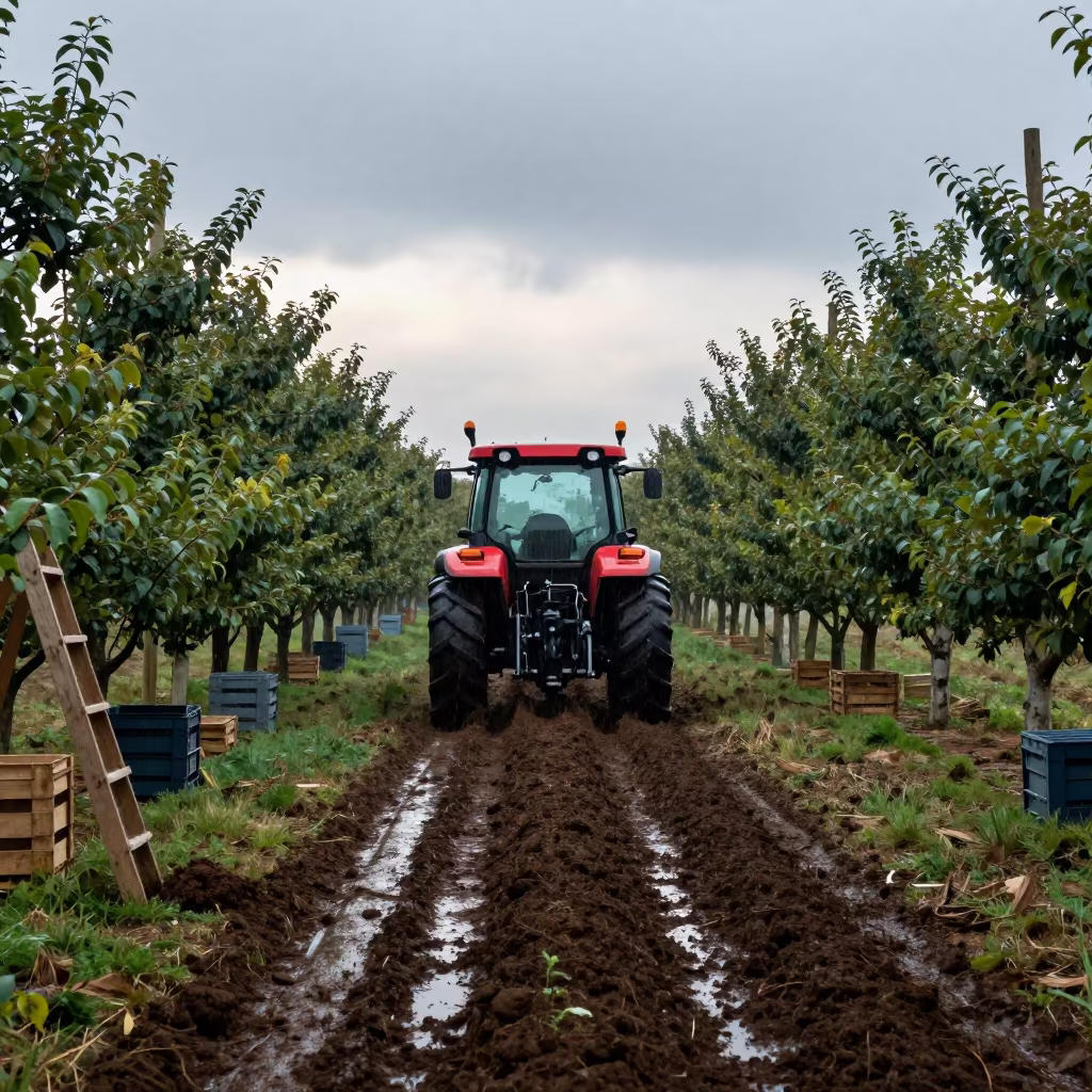 Tractor Plowing Wet Orchard Rows at Dawn in among orchard ladders and crates in Leicester