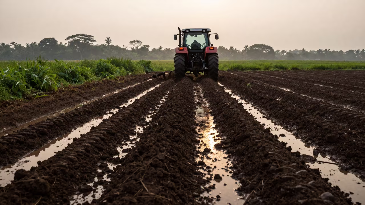Tractor Plowing Wet Sri Lankan Field at Dawn in beside a tractor track through dark soil in Sri Lanka