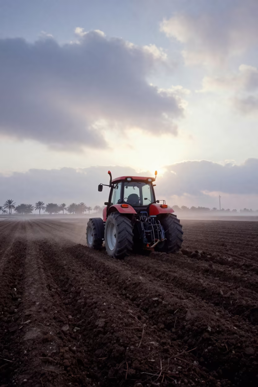 Tractor Plowing Winter Field at Dawn in along freshly irrigated rows near Ajman