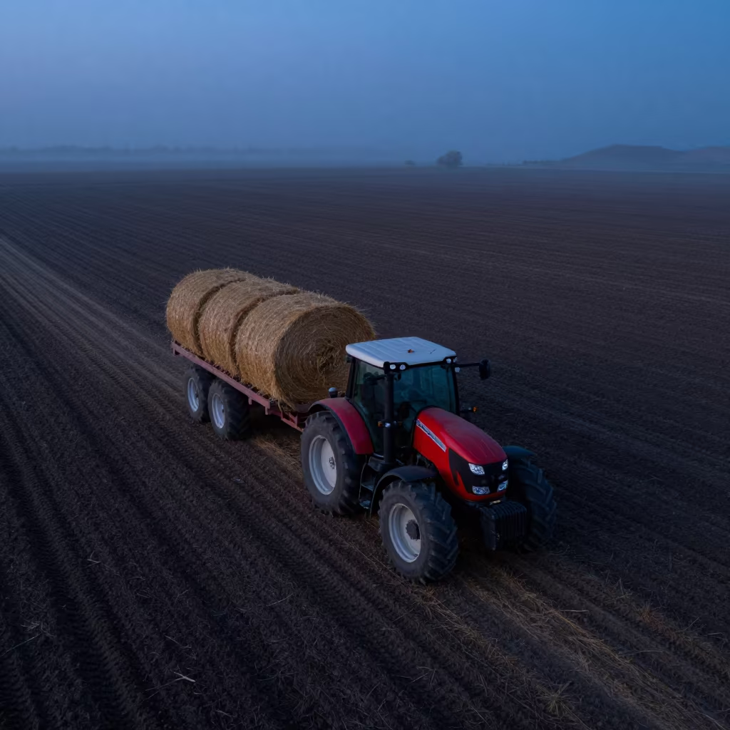 Tractor Pulling Hay Bales at Twilight in Jordan in beside a tractor track through dark soil in Jordan