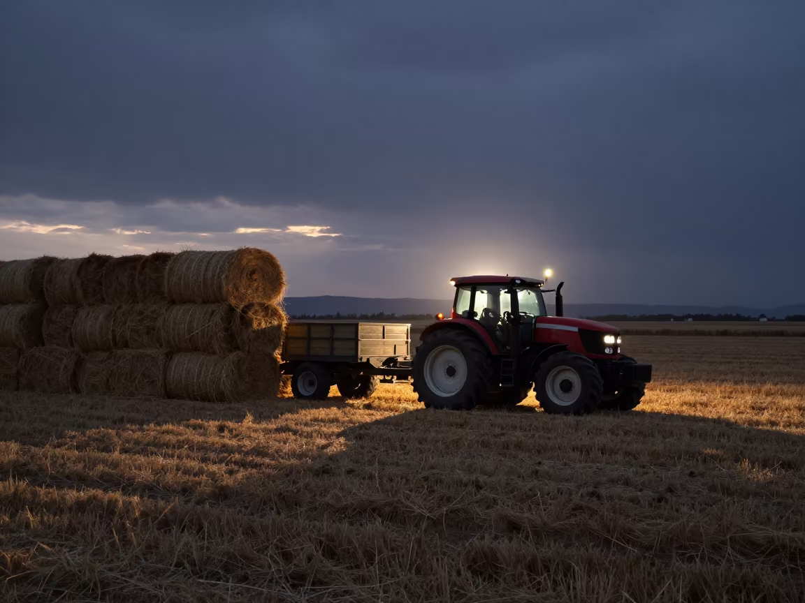 Tractor Pulling Hay Bales at Twilight Near Nis in beside stacked hay bales near Nis
