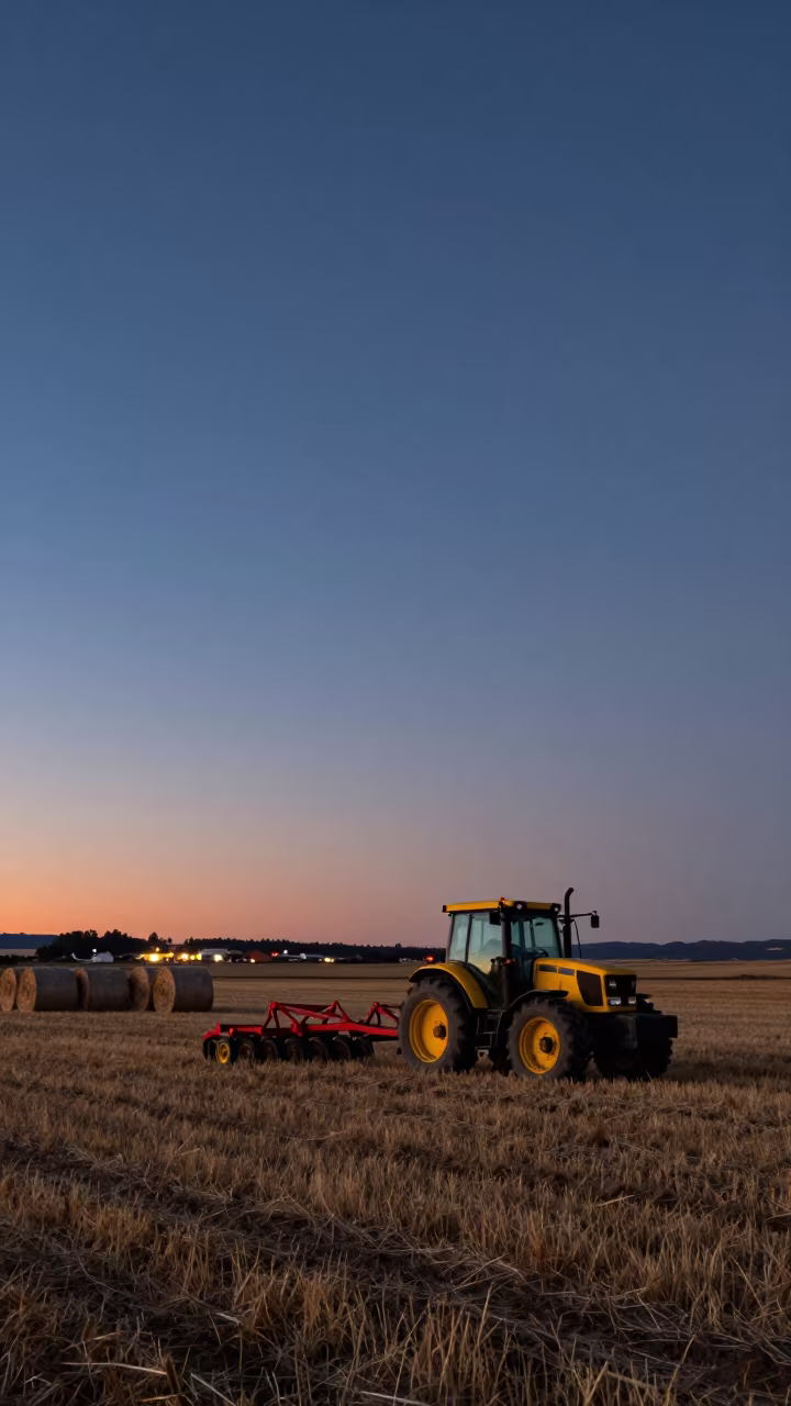 Tractor Raking Hay in Patagonian Twilight in beside stacked hay bales in Patagonia