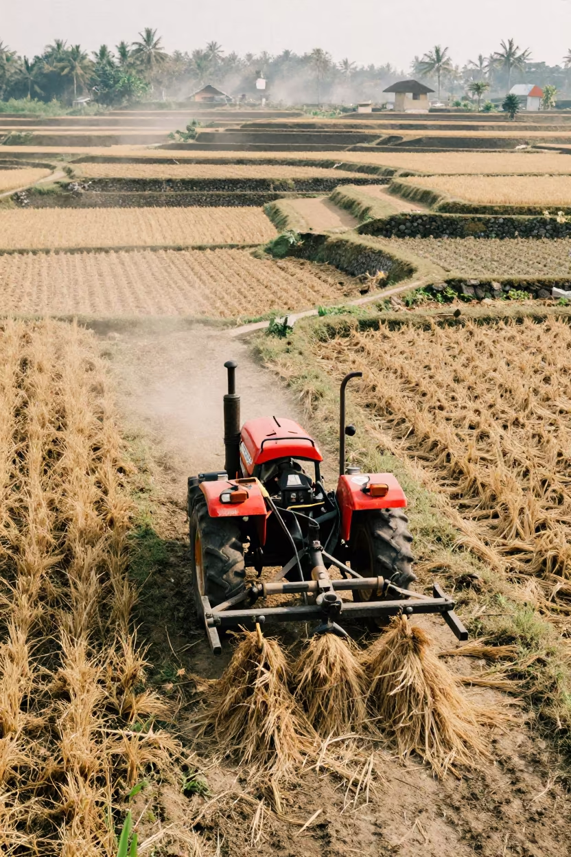 Tractor Raking Hay in Terraced Paddies in among terraced rice paddies near Yogyakarta