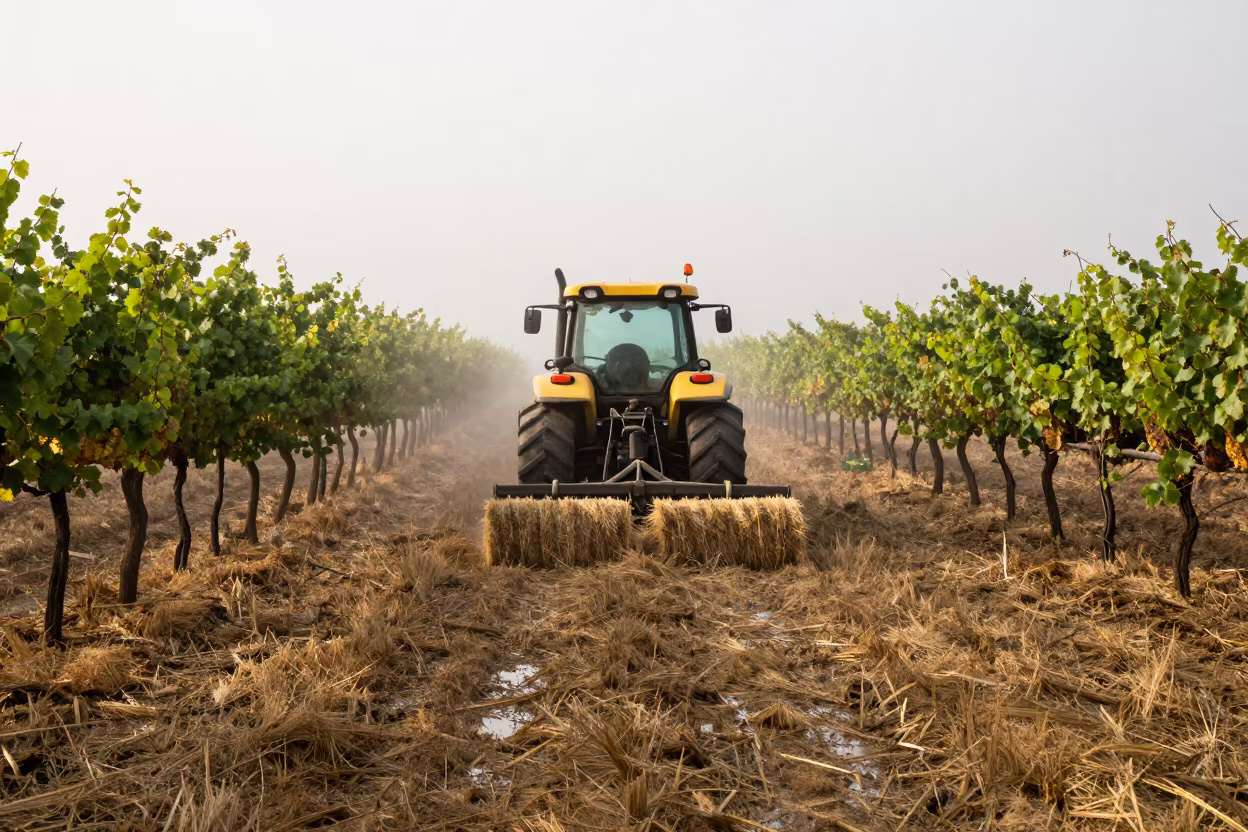 Tractor Raking Hay Between Vineyard Trellises in between vineyard trellises near Turmero
