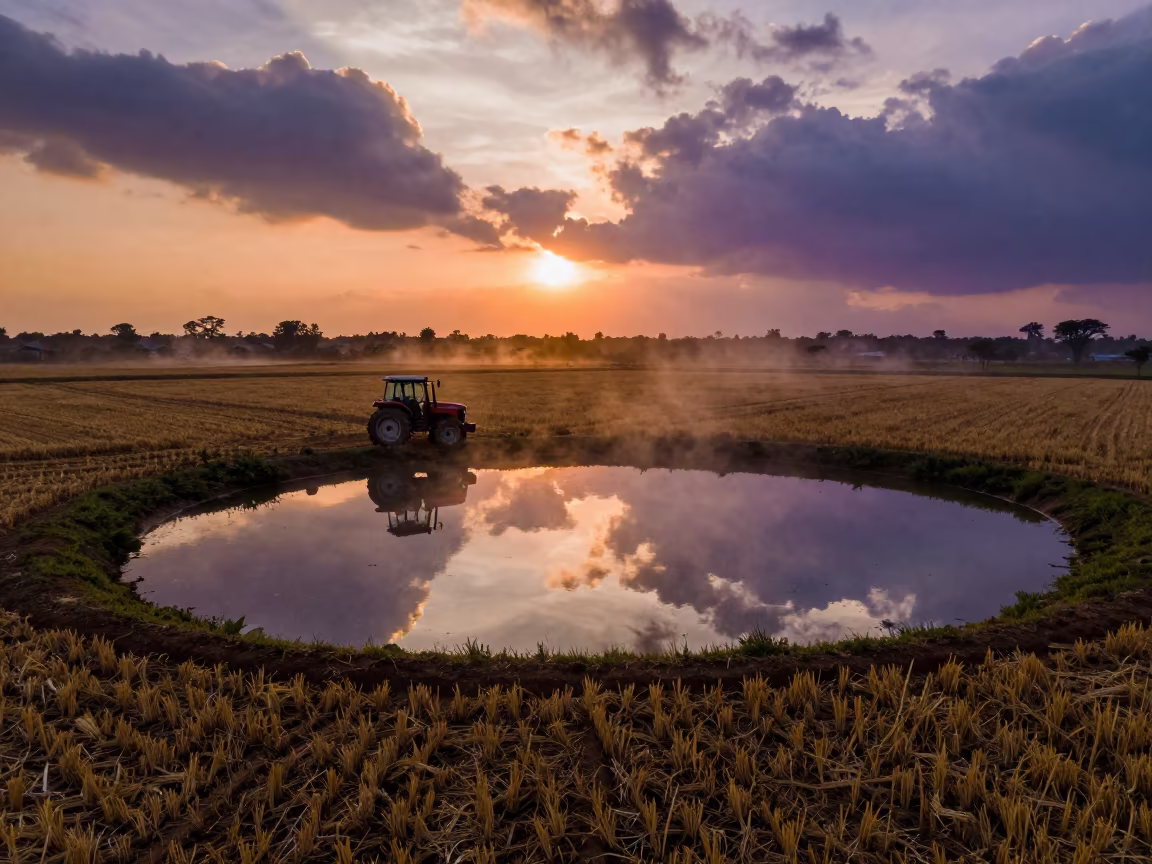 Tractor Reflection in Farm Pond at Sunset in across a harvested grain field in Rwanda
