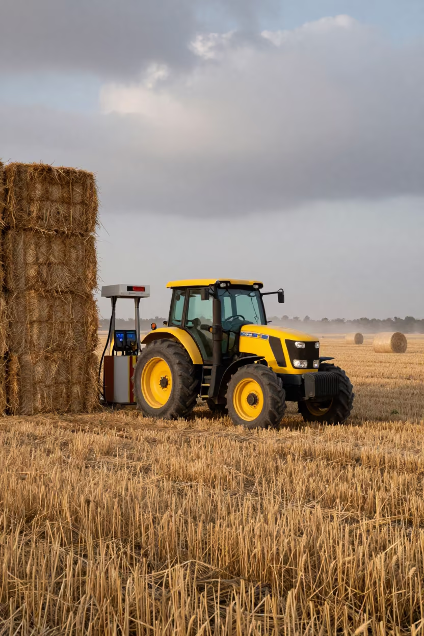 Tractor Refueling at Dawn in Basra Barley Field in beside stacked hay bales in Basra