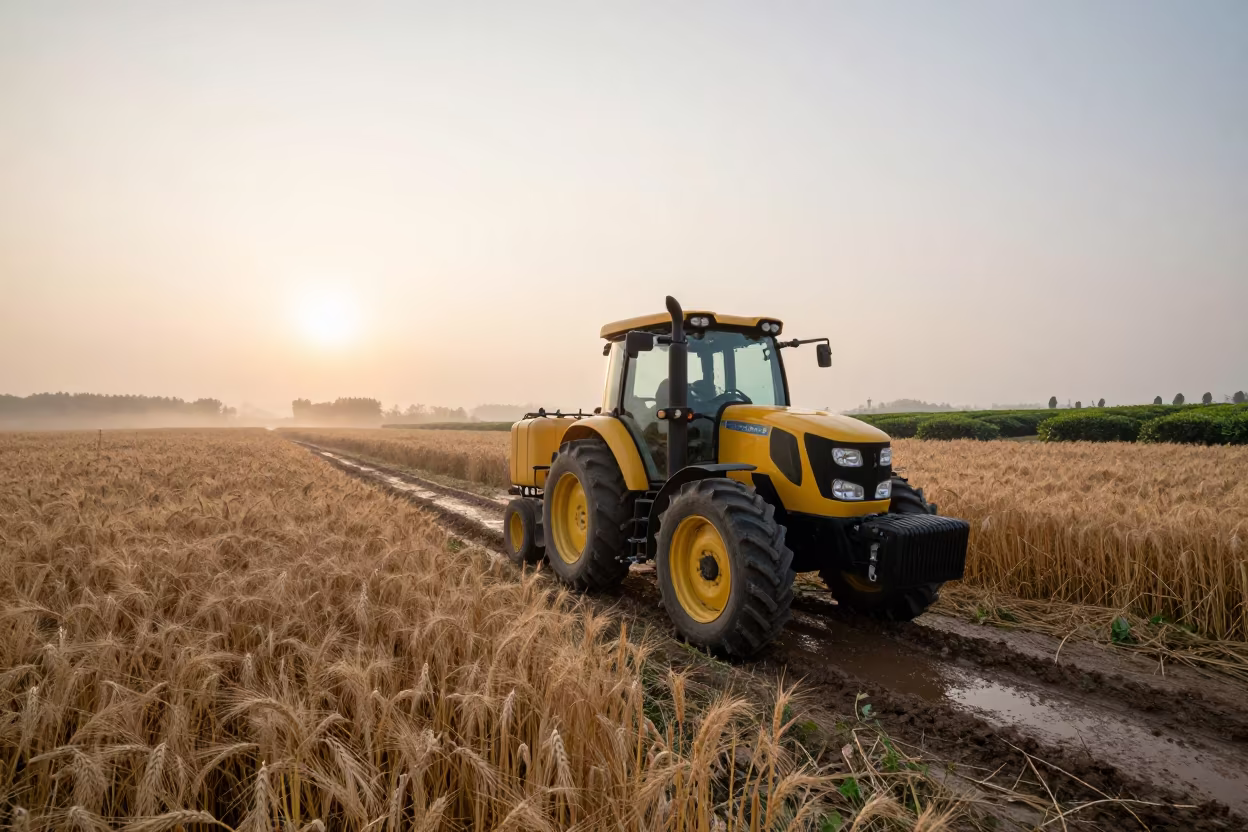 Tractor Refueling at Dawn in Hubei Barley Field in at the edge of a tea plantation in Hubei