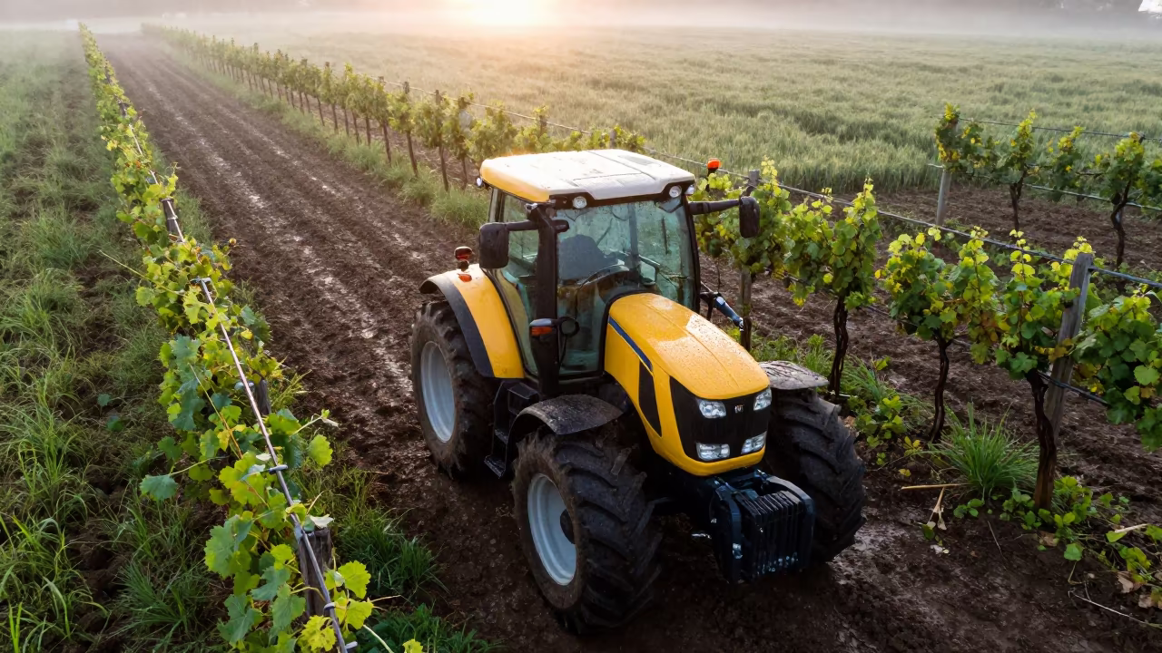 Tractor Refueling Dawn Mist Barley Field in between vineyard trellises near Karaman