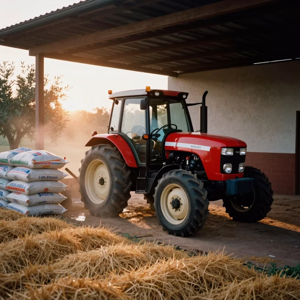 Tractor and Seed Bags in Olive Press Shed in inside a village olive press near Santa Rita