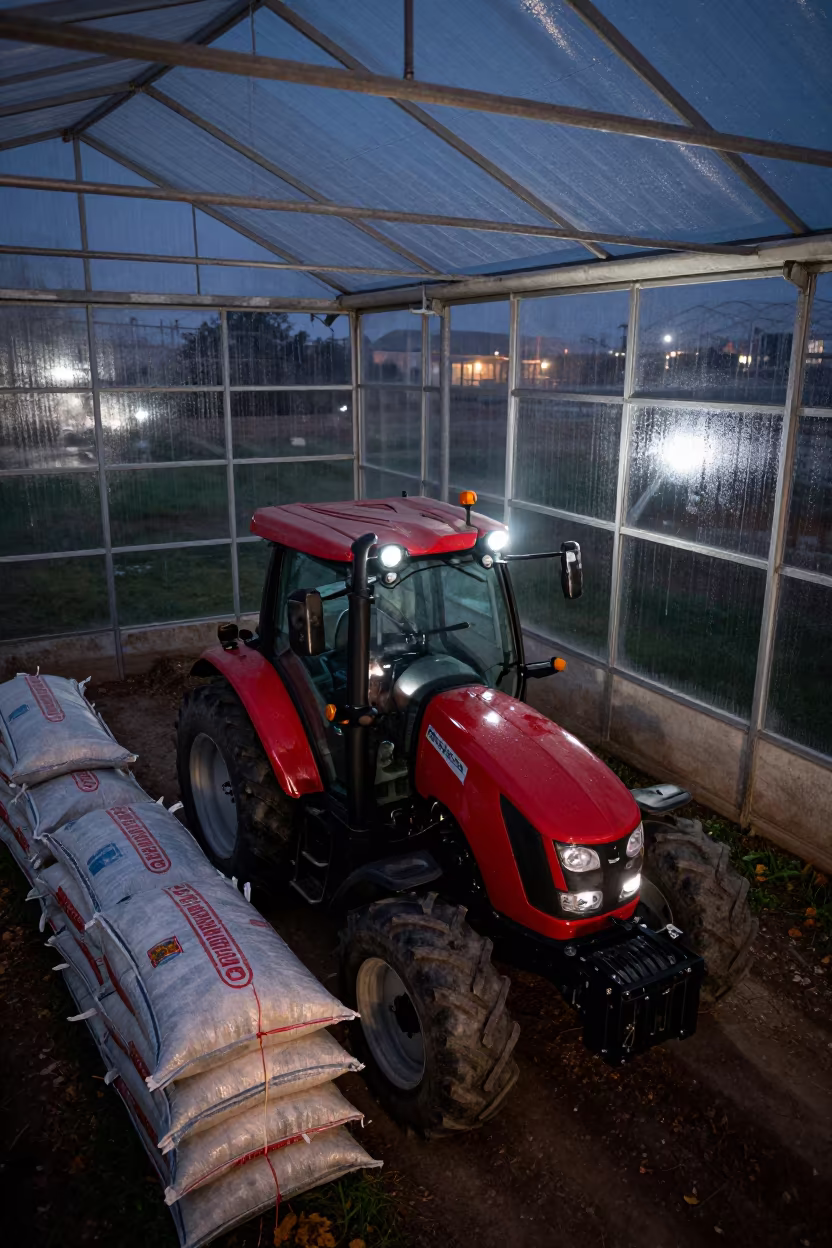 Tractor and Seed Bags in Quetta Greenhouse in inside a humid greenhouse aisle in Quetta