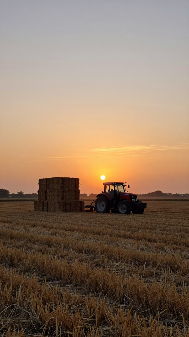 Tractor Silhouette Against Autumn Harvest Sunset in beside stacked hay bales near Liège