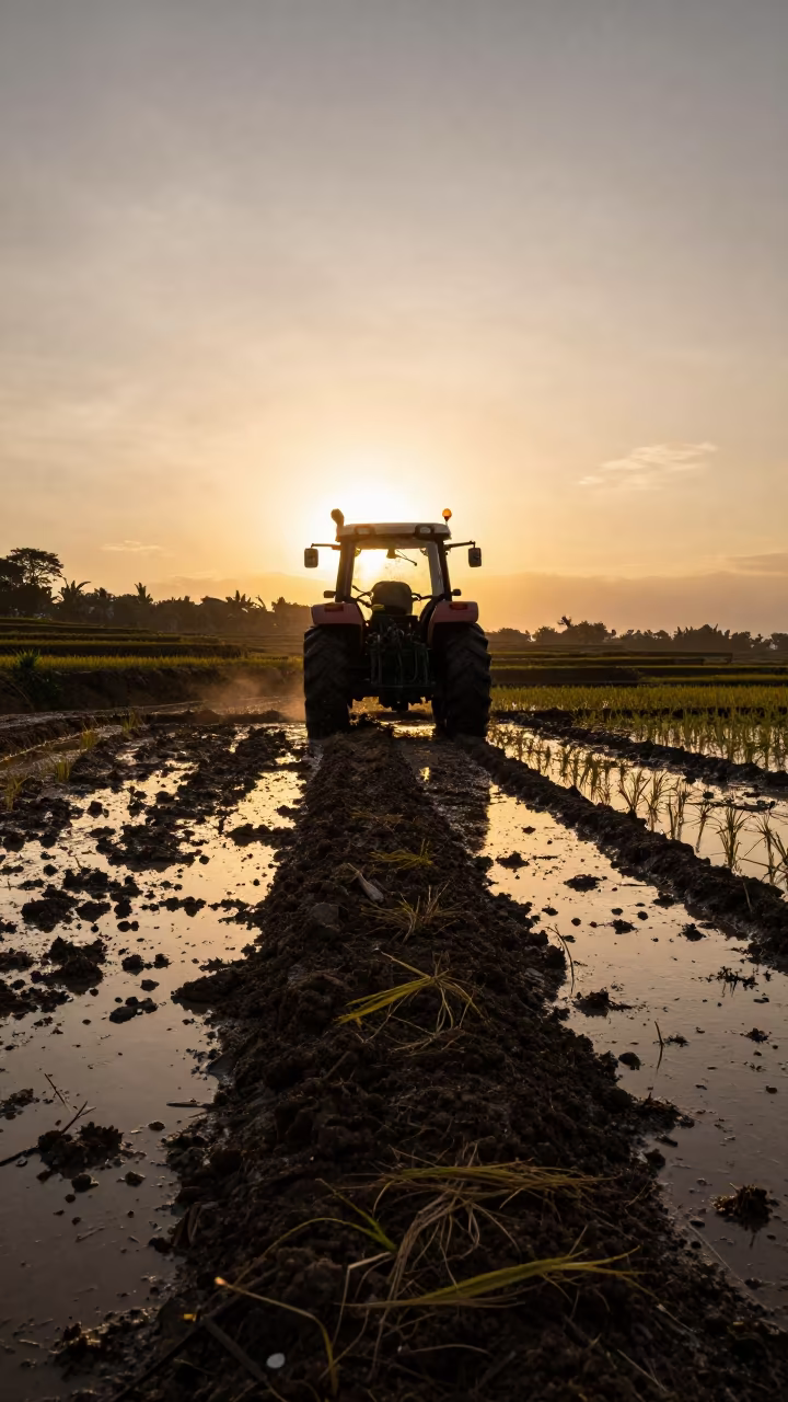 Tractor Silhouette in Gondia Rice Paddies at Sunset in among terraced rice paddies near Gondia
