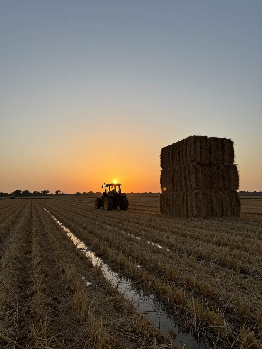 Tractor Silhouette Against Harvest Sunset in Hargeisa in beside stacked hay bales near Hargeisa