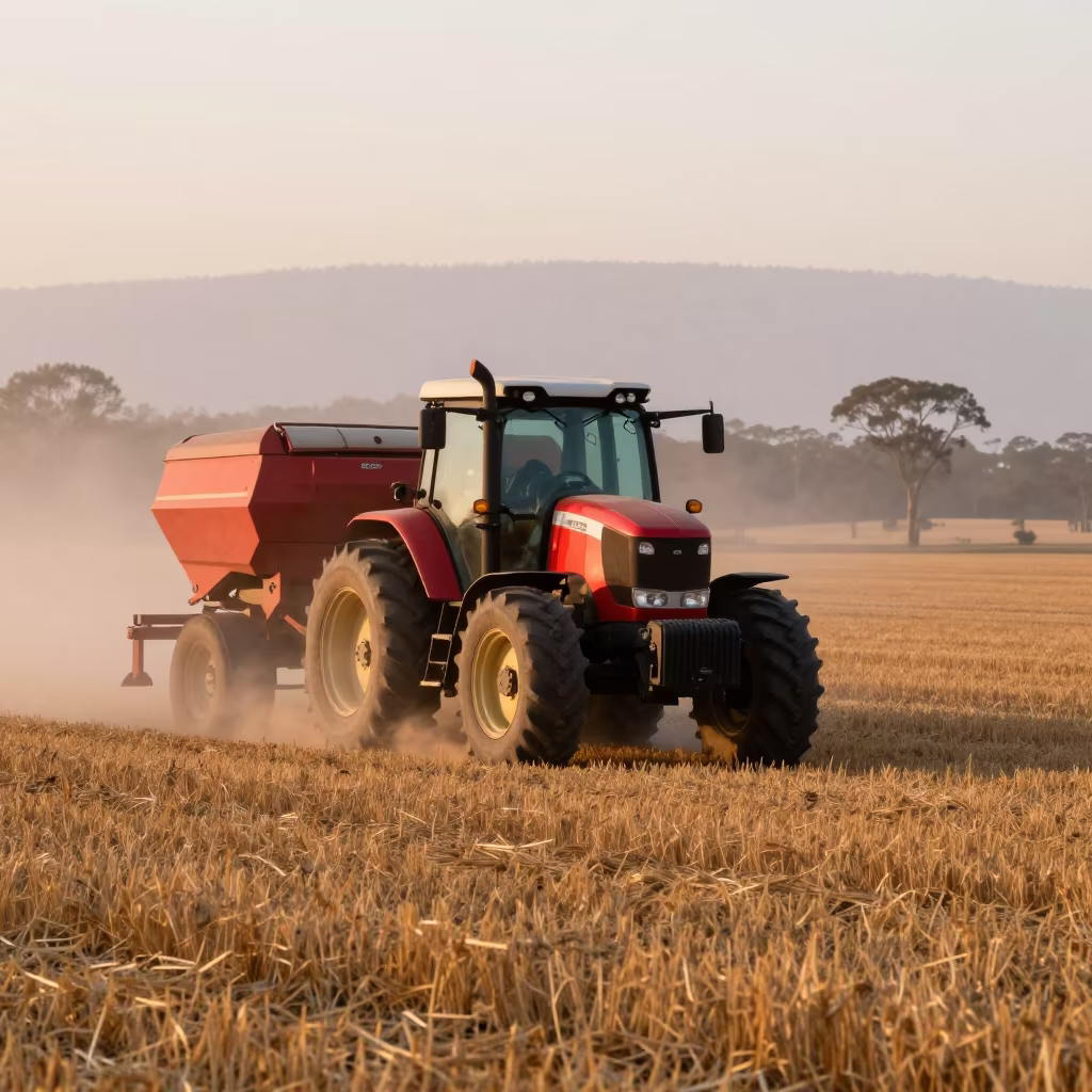 Tractor in Sulfur Dust Through Queensland Vineyard in across a harvested grain field in Queensland