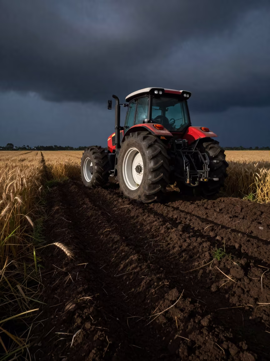 Tractor Tires on Wheat Headland Midnight Rain in along freshly irrigated rows in Guatemala