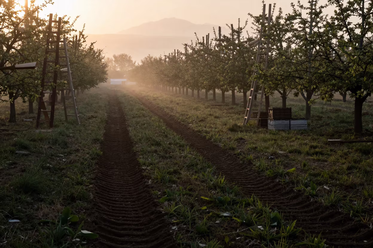 Tractor Track Through Almaty Orchard Mist in among orchard ladders and crates in Almaty