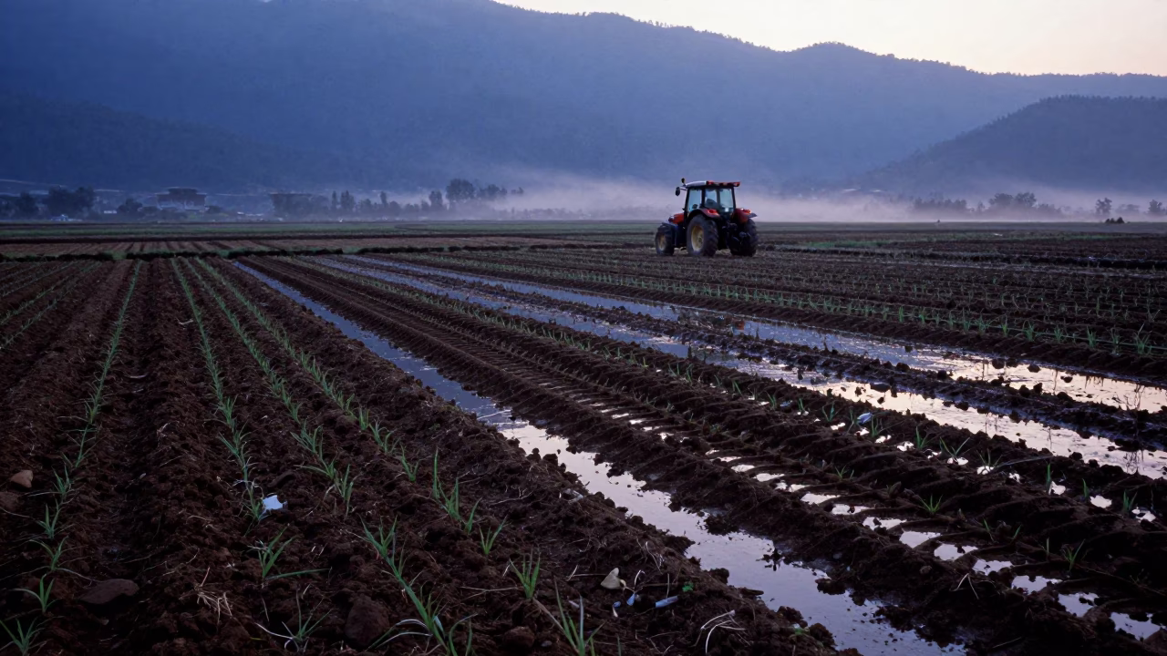 Tractor Track Curving Through Bhutan Spring Crops in across a harvested grain field in Bhutan
