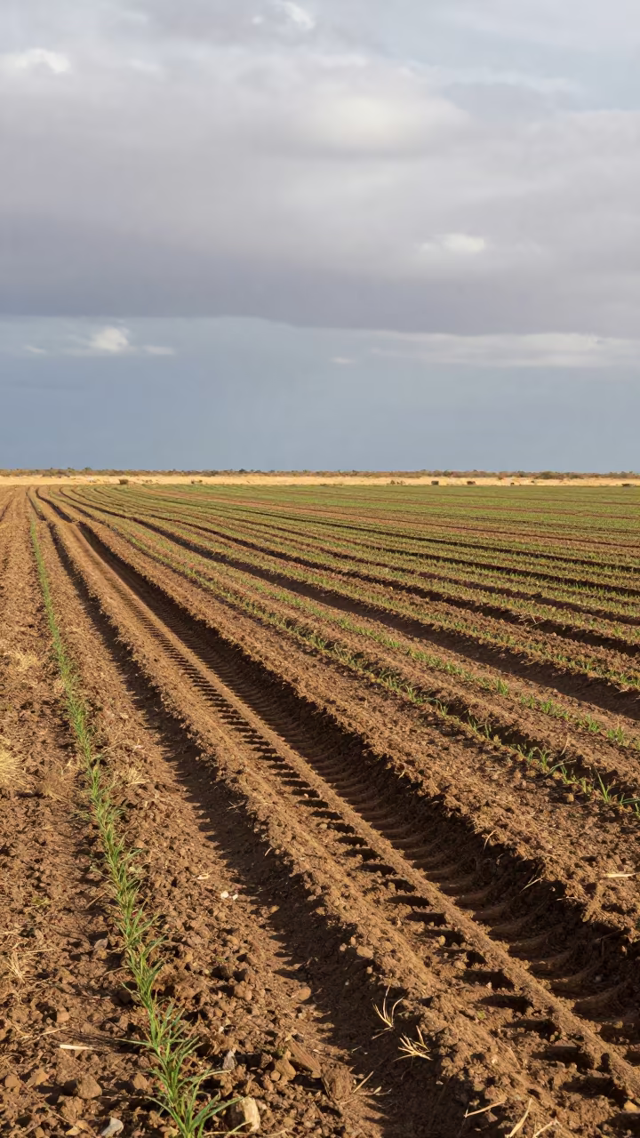 Tractor Track Curving Through Fresh Crop Row in along freshly irrigated rows in Namibia