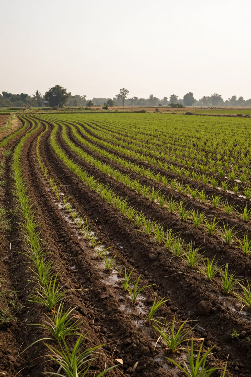 Tractor Track Through Late Autumn Crops in Nagaland in along freshly irrigated rows in Nagaland