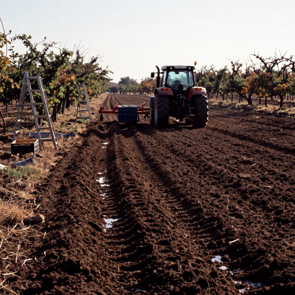 Tractor Tracks in Autumn Orchard Field in among orchard ladders and crates near Adıyaman