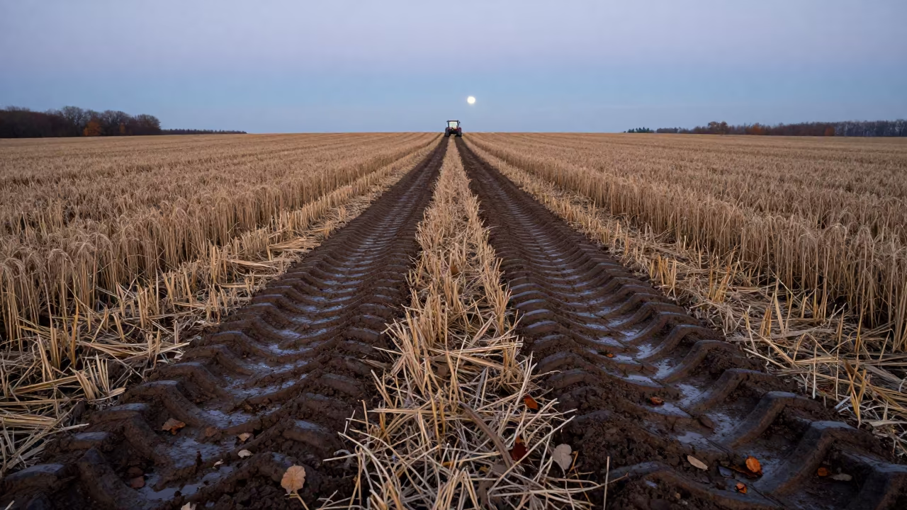 Tractor Tracks in Luxembourg Wheat Field at Dawn in across a harvested grain field in Luxembourg