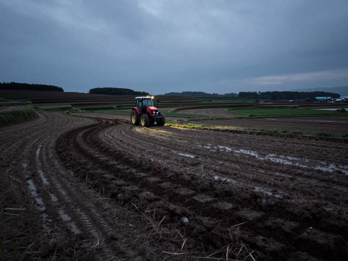 Tractor Tracks in Predawn Chubu Rice Paddies in among terraced rice paddies in Chubu