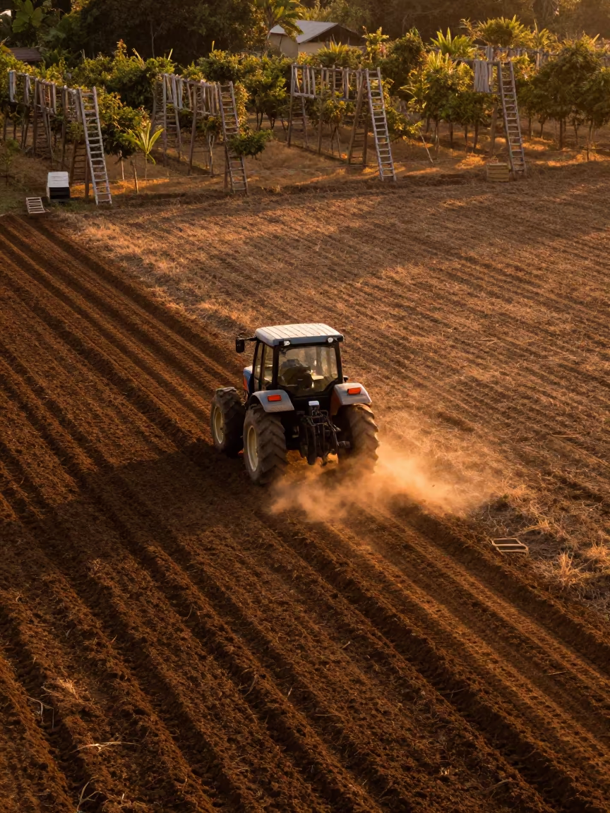 Tractor Curved Tracks Over Seeded Field in Borneo in among orchard ladders and crates in Borneo