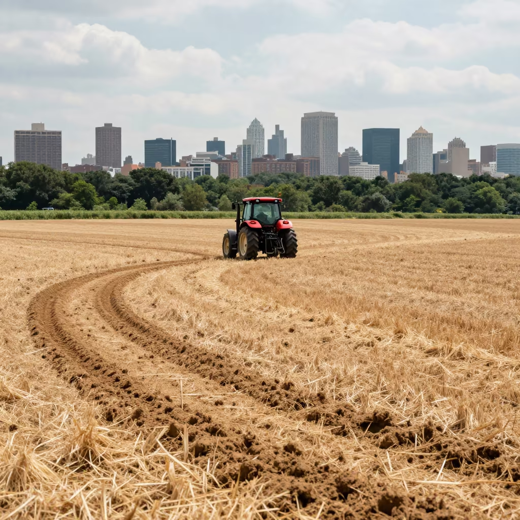 Tractor Tracks in Tribeca Harvest Field in across a harvested grain field in Tribeca, New York