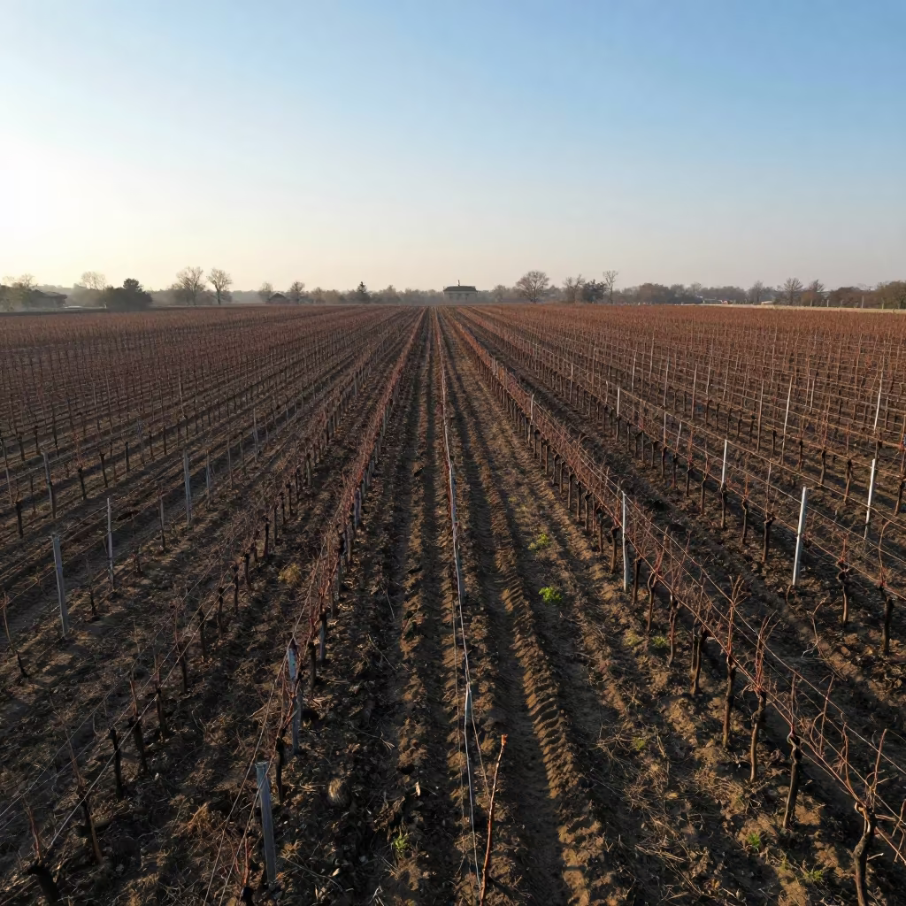 Tractor Tracks in Winter Vineyard Before Dawn in between vineyard trellises in Ghaziabad