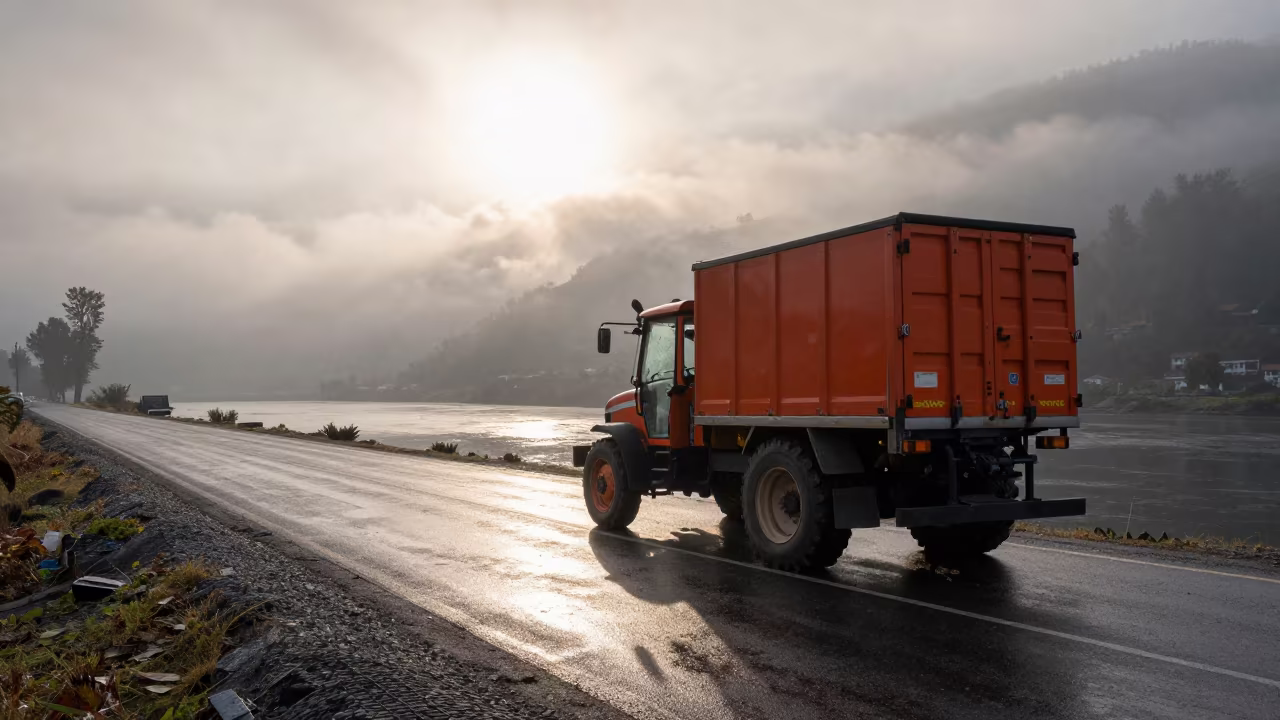 Tractor Trailer Alpine Saddle Morning Haze in beside a fogbound harbor mouth in Kashmir