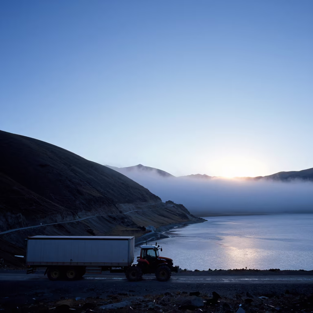Tractor Trailer on Alpine Saddle Winter Sun in beside a fogbound harbor mouth in Tibet