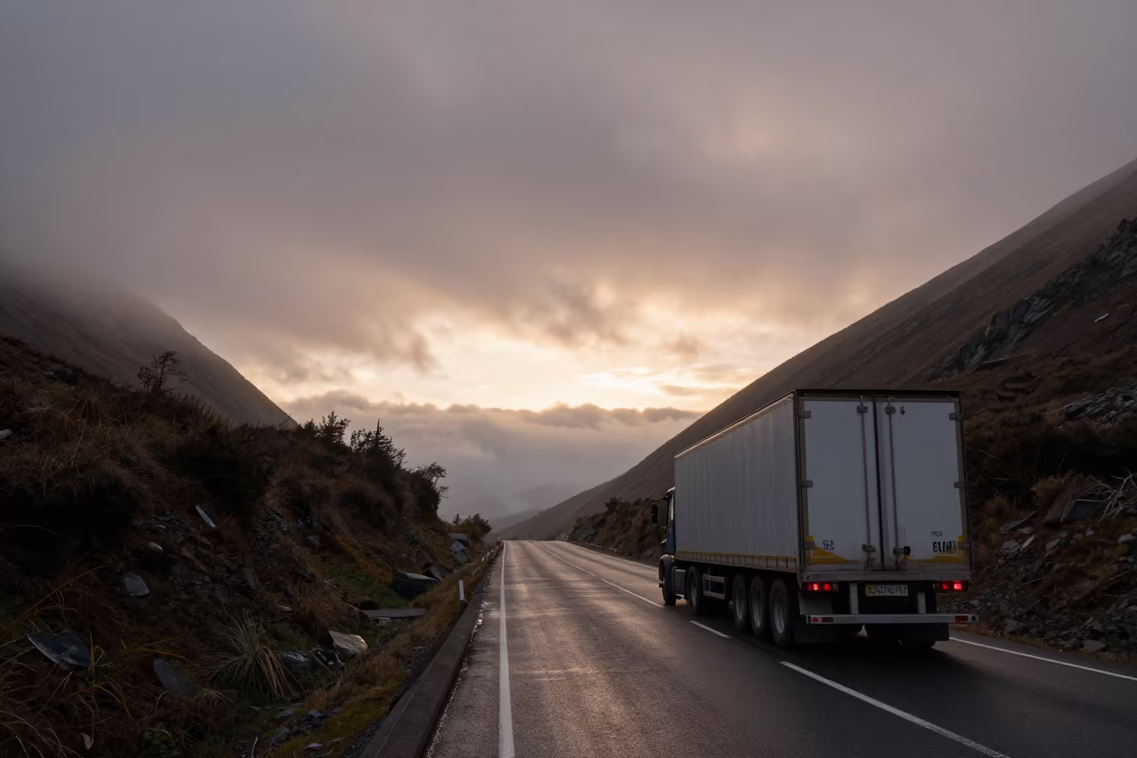 Tractor Trailer on Alpine Sapporo Saddle at Sunset in along a switchback approach near Sapporo