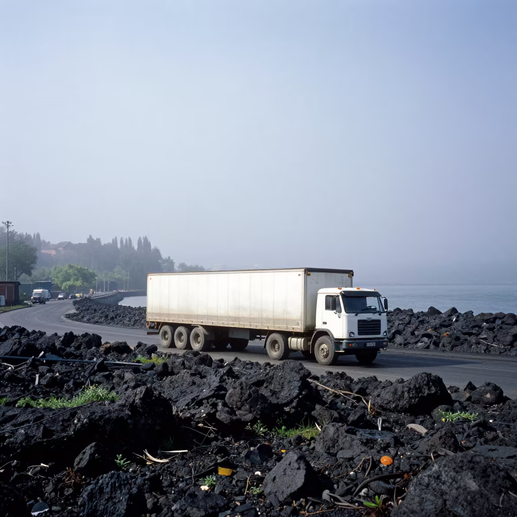 Tractor Trailer on Black Lava Near Tbilisi Harbor in beside a fogbound harbor mouth near Abanotubani, Tbilisi