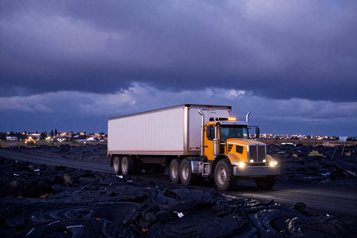 Tractor Trailer on Black Lava Under Indigo Sky in near La Mariscal, Quito