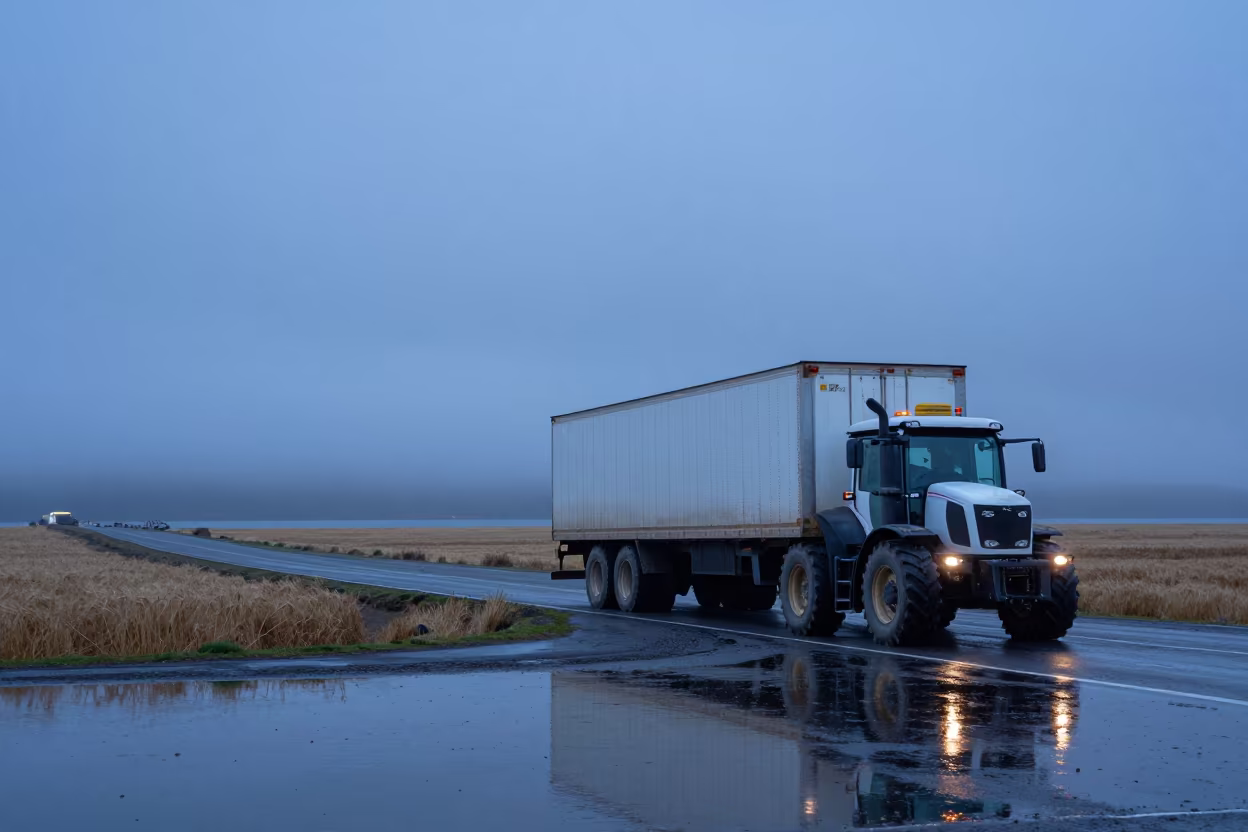 Tractor Trailer in Chilean Twilight Haze in beside a fogbound harbor mouth in Chile