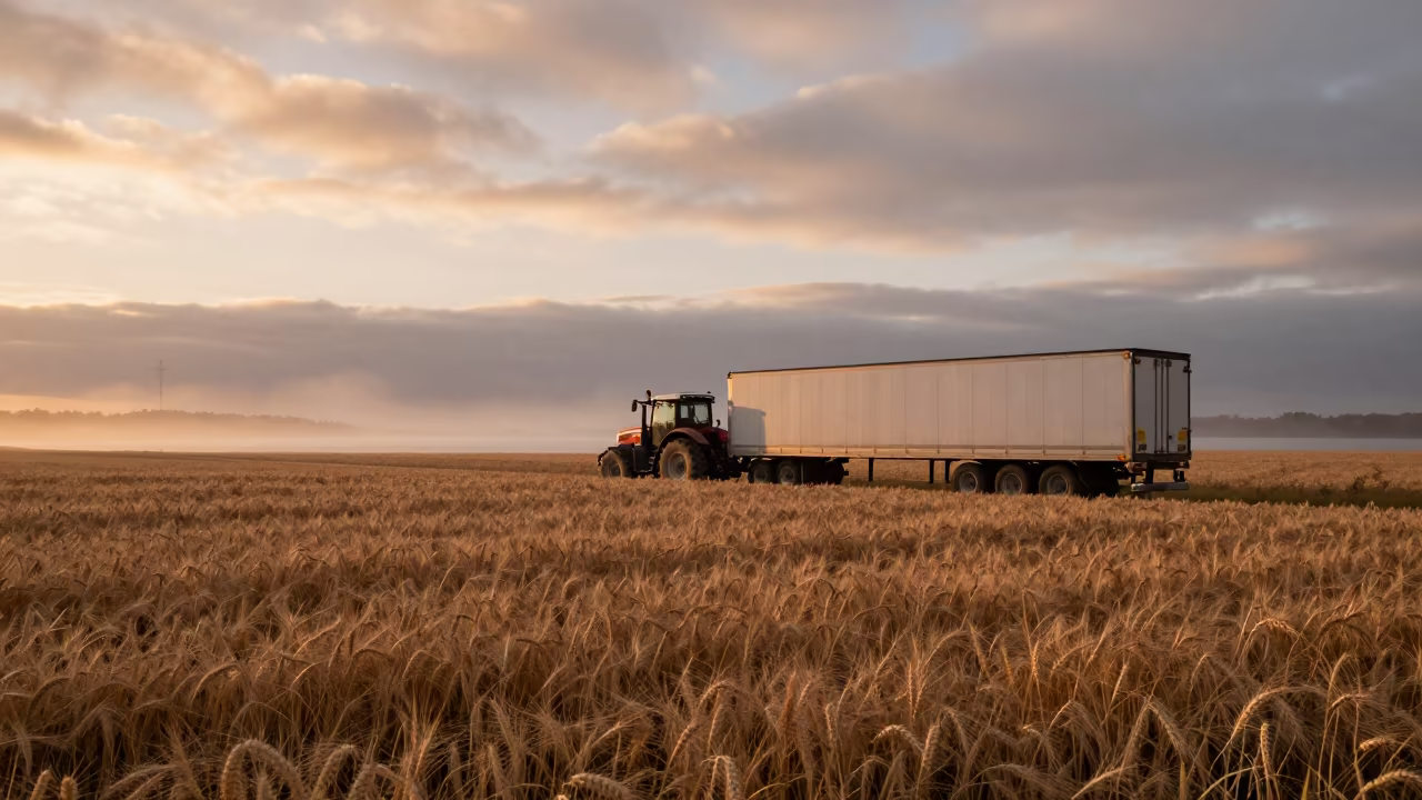Tractor Trailer Crosses Wheat Fields at Dusk in beside a fogbound harbor mouth near Copenhagen