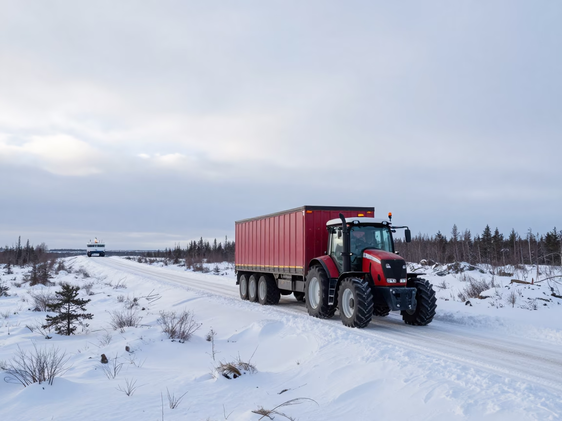 Tractor Trailer Crossing Winter Lapland Causeway in across a remote ferry crossing in Lapland